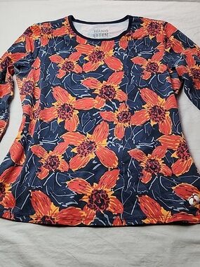 Hang Ten Long Sleeve Swim Shirt M Orange Floral Rash Guard Zip Pocket